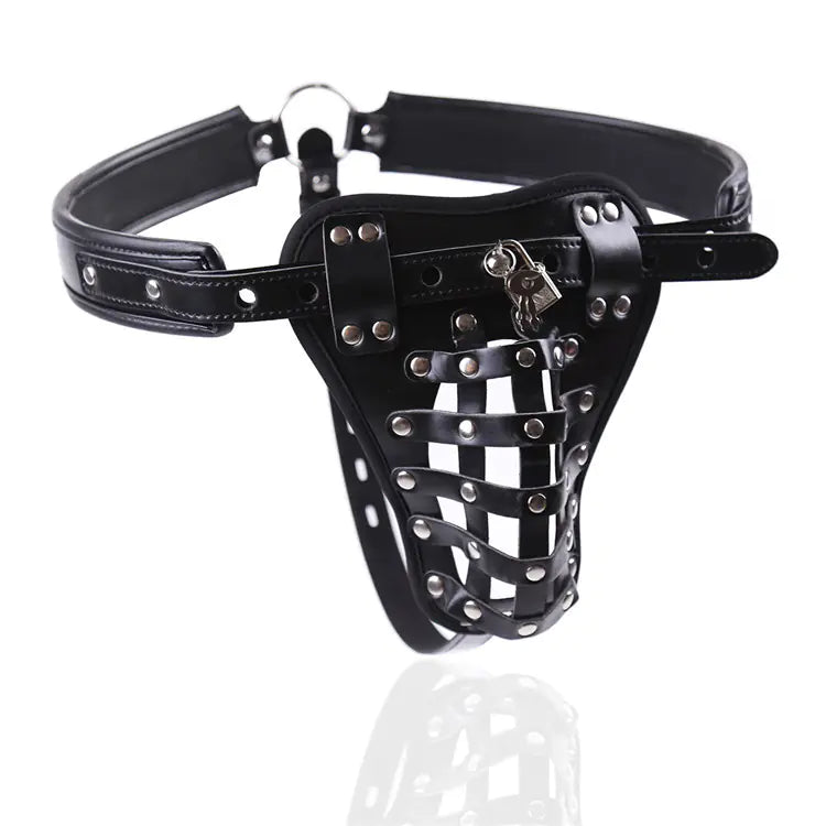 Leather Men's Chastity Belt with Cock Cage, Adult Toy