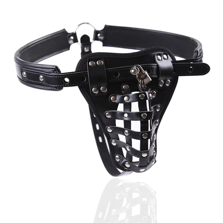 Leather Men's Chastity Belt with Cock Cage, Adult Toy