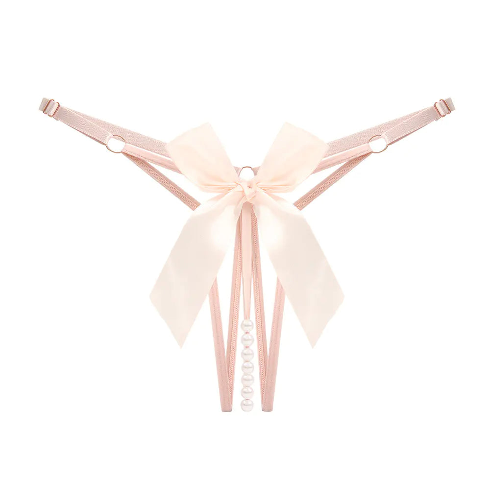 Adjustable Bow Knot Pearl Massage Open Crotch Underwear