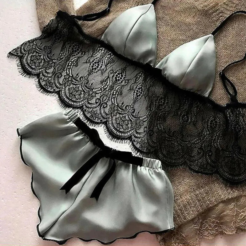 Silk Satin Lingerie Bra and Shorts Set for Women
