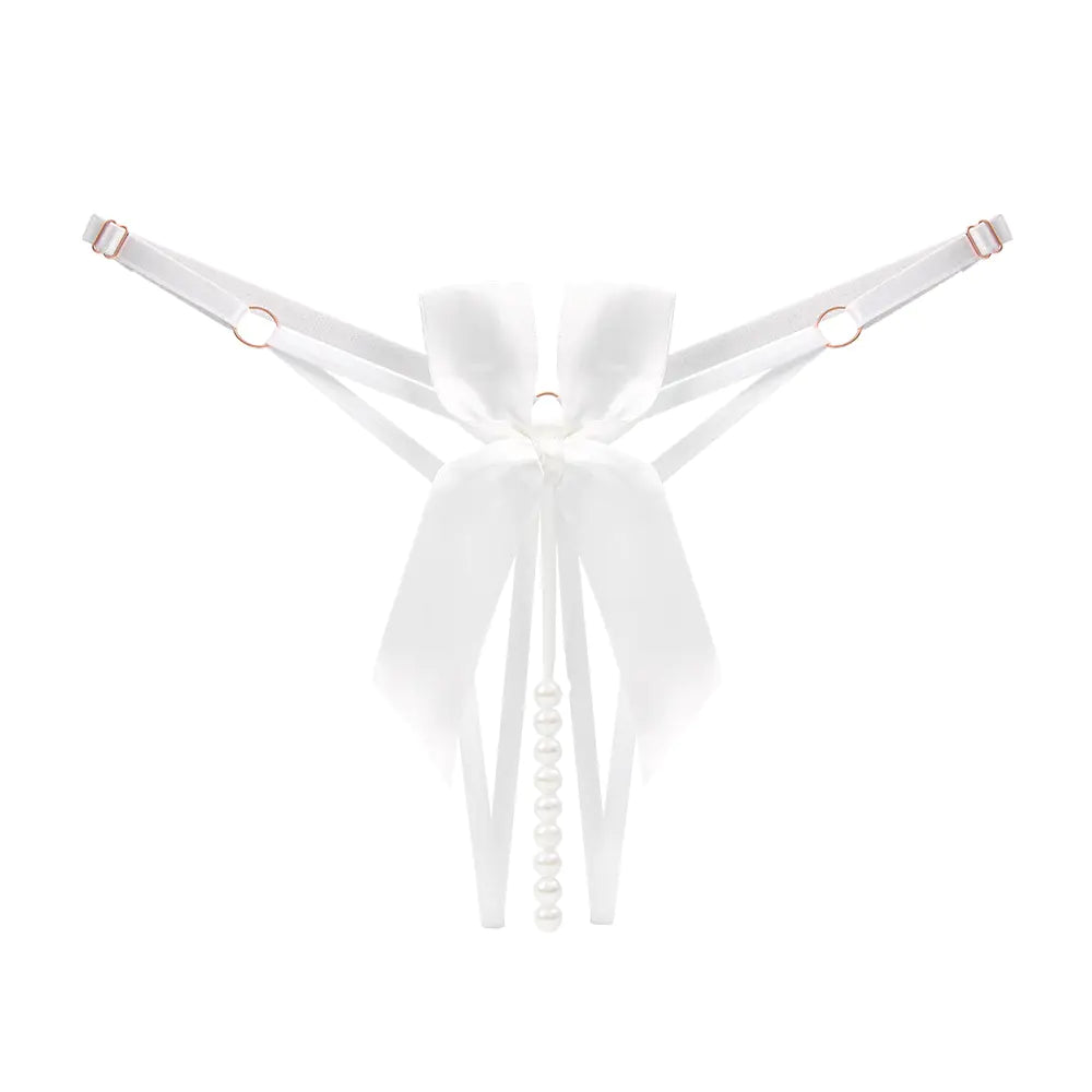 Adjustable Bow Knot Pearl Massage Open Crotch Underwear