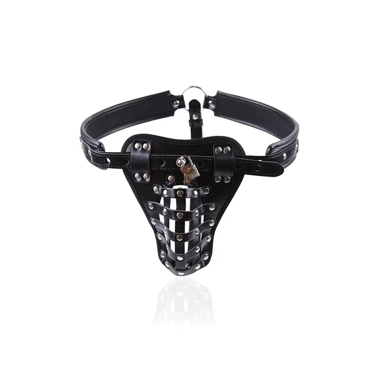 Leather Men's Chastity Belt with Cock Cage, Adult Toy