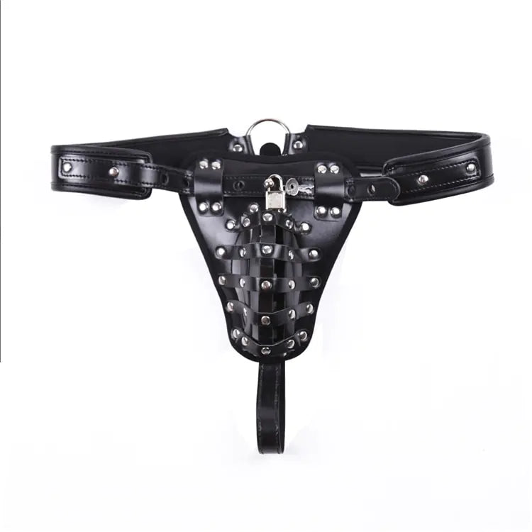 Leather Men's Chastity Belt with Cock Cage, Adult Toy